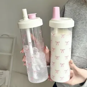 Botella de Agua Reutilizable de 500/700 ml con Pajita y Lazo Rosa, Linda Botella para Café, Té con Leche, Burbujas, para Uso Escolar, al Aire Libre, para Adultos, Modelo T0S6 - Product Image 4