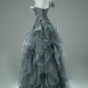 JFH83 Asymmetric Gray Crystal Mermaid Evening Party <b>Dress</b> <b>Ruffle</b> Lace Beading Appliques Chiffon Print Design Natural Chapel - Product Image 3