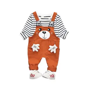 Hao Baby Girls fallen neue Kinder Streifen Baumwolle Fleece Hosenträger Kid zweiteiligen Outfit Anzug