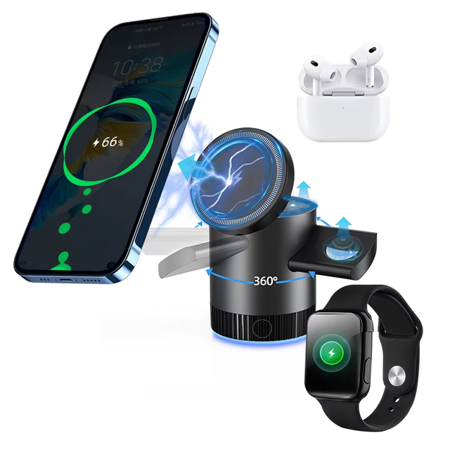 Portable Magnetic 3-In-1 Foldable Wireless Charger Support Mobile Phones Professional Watches Earbuds 3 Color Choices with Light