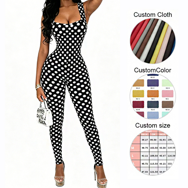 Women's Spring Summer Slim Fit Square Neck Backless Polka Dot Sleeveless Jumpsuit One Piece Stretchy Romper Jumpsuit Women