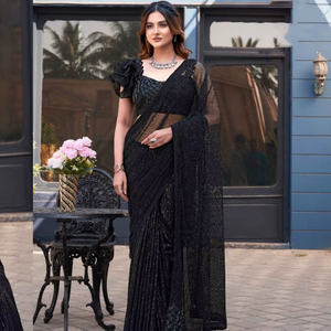 บอลลีวู้ดสารีผ้าไหมซาร์ตินฟลอเรนซ์ส่าหรีที่มีชิ้นส่วนเสื้อที่มีการพิมพ์สกรีนผ้าไหม - Product Image 1