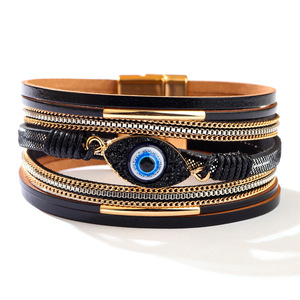 Evil Eye Rhinestone Leather Bracelet Women's Fashion Charm Jewelry Brown Beige <b>Pink</b> Gift Bracelet - Product Image 5