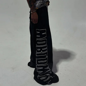 Men's Mid Waist Street Style Breathable Printed Heavyweight Drawstring Sweatpants 100% Cotton <strong>Black</strong> Loose Fit Summer <strong>Pants</strong> - Product Image 2