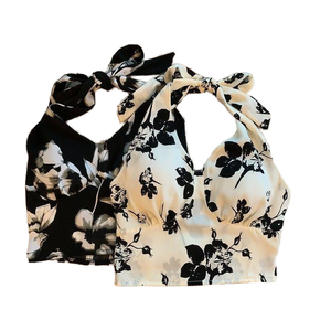 Women's Denim Floral Halter Neck Tank <b>Top</b> Short Backless Crop <b>Top</b> - Product Image 1