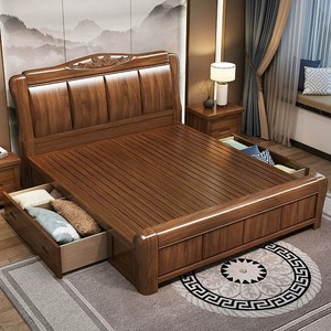 Lit en bois massif noyer 1,8 m double avec rangement, sommier haut, style chinois moderne, mobilier de chambre principale - Product Image 4