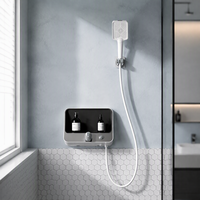 Panneau de douche bicolore avec douchette à main, étagère de rangement noire, commande à double bouton, ensemble de douche mural pour salle de bain