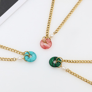 Stainless Steel Pearl Cuban Chain Natural Stone Pendant Necklace Women's Jewelry Round Turquoise Green Pink Gift Fashion - Product Image 1