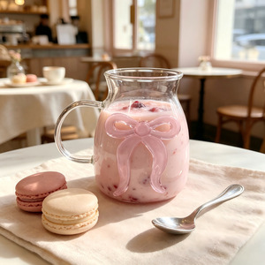 Gelas Dessert Kaca Borosilikat Tinggi 15oz 16oz yang Lucu dengan Tumbler Pita Pink 3D dan Mug Kopi Dingin Berpegangan untuk Hadiah Rumah Tangga - Product Image 3