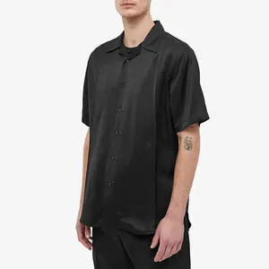 OEM Custom logo high quality boy Shirts Full print short Sleeve silk satin black Shirts for men
