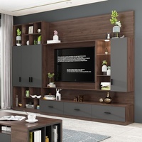 Meuble TV mural moderne en bois avec étagères vitrées et tiroirs, console multimédia anthracite, mobilier de salon sur mesure pour écoles et hôpitaux