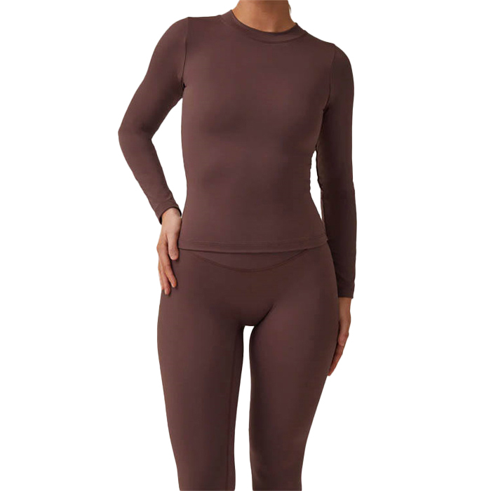 2023 Wholesale Round Neck Long Sleeve Crop Top Compression Fitted Shirts Brown Slim Fit T Shirt for Fitness Yoga