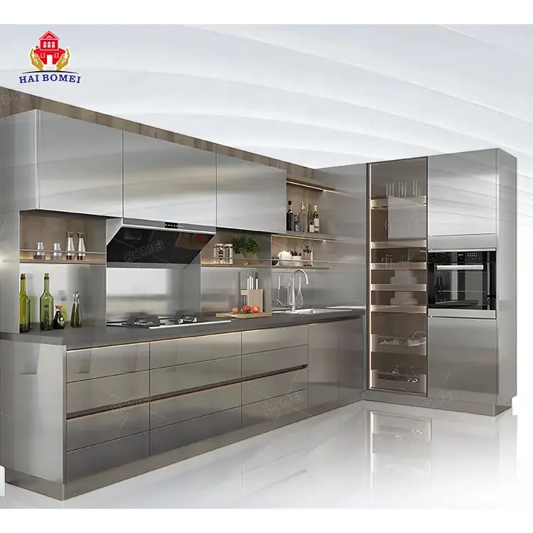 Alto brillo en forma de L gris Modular metal de acero inoxidable precio establecido gabinetes de cocina de aluminio
