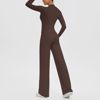 Ensemble de yoga transfrontalier en Spandex/Polyester brossé, anti-transpiration, avec veste zippée longue, anti-plis, à col bas et effet ventre plat