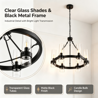Lustre LED à 6 lumières en verre cylindrique transparent de style campagnard américain, hauteur réglable, luminaire suspendu pour salon