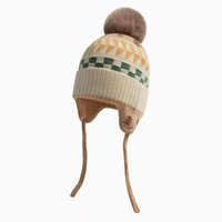 Bonnet d'hiver tricoté pour enfants, mignon, double couche, doublure en peluche, protection des oreilles, motif rétro, avec pompon, pour garçons et filles