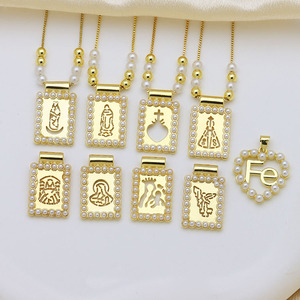 Collana <span class=keywords><strong>Scapolare</strong></span> NM1420 Placcata Oro 18k <span class=keywords><strong>con</strong></span> Perle, Croce Sacra Vergine Maria e Medaglia Miracolosa - Product Image 1