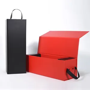 Caja de vino con logotipo personalizado reciclable con asa Juego de embalaje de vino de cartón de papel de cierre plegable de lujo