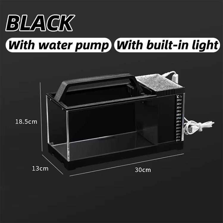 Réservoir de poissons noir + pompe à eau + lumière