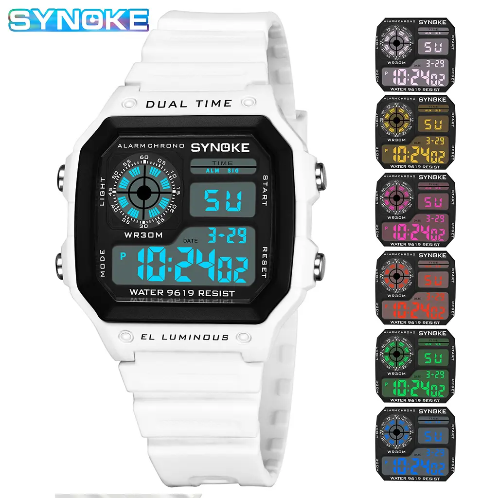 SYNOKE 9619 Mewah Putih Pria Digital Bergaya Band Waterproofing Chrono Karakter Leisure Jam Kit