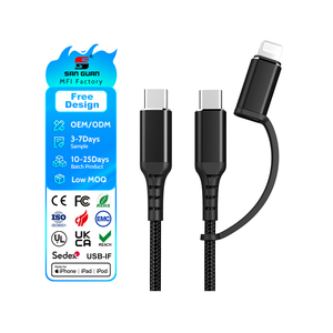 USB-C 2-in-1 đa sạc cáp 1 m C-C 3A nhanh chóng sạc Nylon Áo khoác nhôm hợp kim kết nối cho IOS & tai nghe sử dụng - Product Image 1