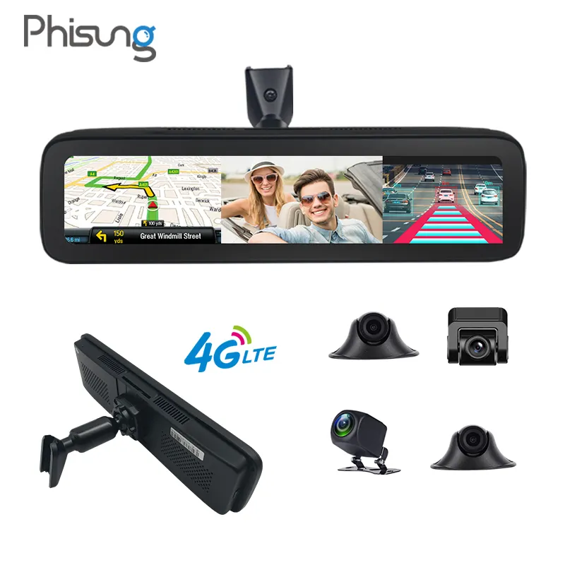 4g Gps Tracking Camera 4CHs Record 4g Car Camera Android 9.0 2+32G With WIFI GPS Tracking Live Streaming Adas 4g Mirror Car Black Box 512G SD Card