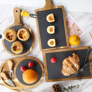다기능 식품 트레이 주방 도구 나무 피자 플래터 손잡이와 함께 슬레이트 스퀘어 치즈 도마 - Product Image 2