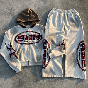 100% Cotton Embroidered Stacked Jogger Sweatpants and Hoodie Set French Terry Acid Wash Baggy <b>Tracksuit</b> Custom Men <b>Tracksuit</b> - Product Image 1