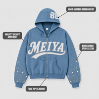 Hoodies Homme Bleus Personnalisés 420GSM, Style Varsity, avec Applique Script, Manches Ornées de Strass, Fermeture Éclair Intégrale, Coupe Courte Boxy, Broderie pour Streetwear