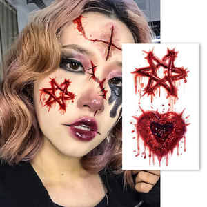 Tatouages temporaires d'Halloween effrayants et autocollants de tatouage pour le visage imperméables de 100x60 mm avec des blessures effrayantes pour le maquillage de fête costumée - Product Image 1
