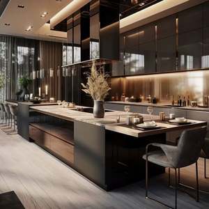 Armoires de cuisine modulaires modernes de luxe léger, armoires de couleur unie, peinture brillante sans peinture, avec îlot de cuisine - Product Image 4