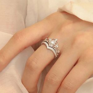 Platinum Plated Luxury Crown Zircon Stacked <b>Ring</b> 2pcs/set for Women Mirco Pave Sparkling Bling Zirconium <b>Diamond</b> <b>Ring</b> for Women - Product Image 5