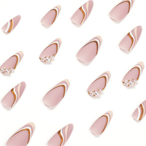 <span class=keywords><strong>Uñas</strong></span> Postizas Acrílicas de Lujo Estilo Novia, <span class=keywords><strong>Largas</strong></span>, Almendradas, <span class=keywords><strong>Color</strong></span> <span class=keywords><strong>Rosa</strong></span> Empolvado, con Franjas Blancas Francesas Curvadas y Rayas Doradas - Product Image 3