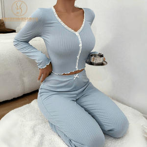 批发性感蕾丝长袖女式睡衣套装 - Product Image 3