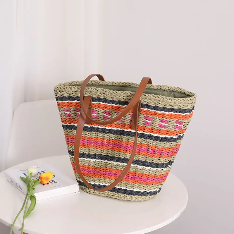 Fashion tote women straw bag handmade crochet bags for women luxury shoulder bags stripe design with leather handles