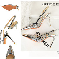 2727-1 Sandales d'été tendance à talons aiguilles pour femme, ajourées, tressées, à bout métallique, pour soirée