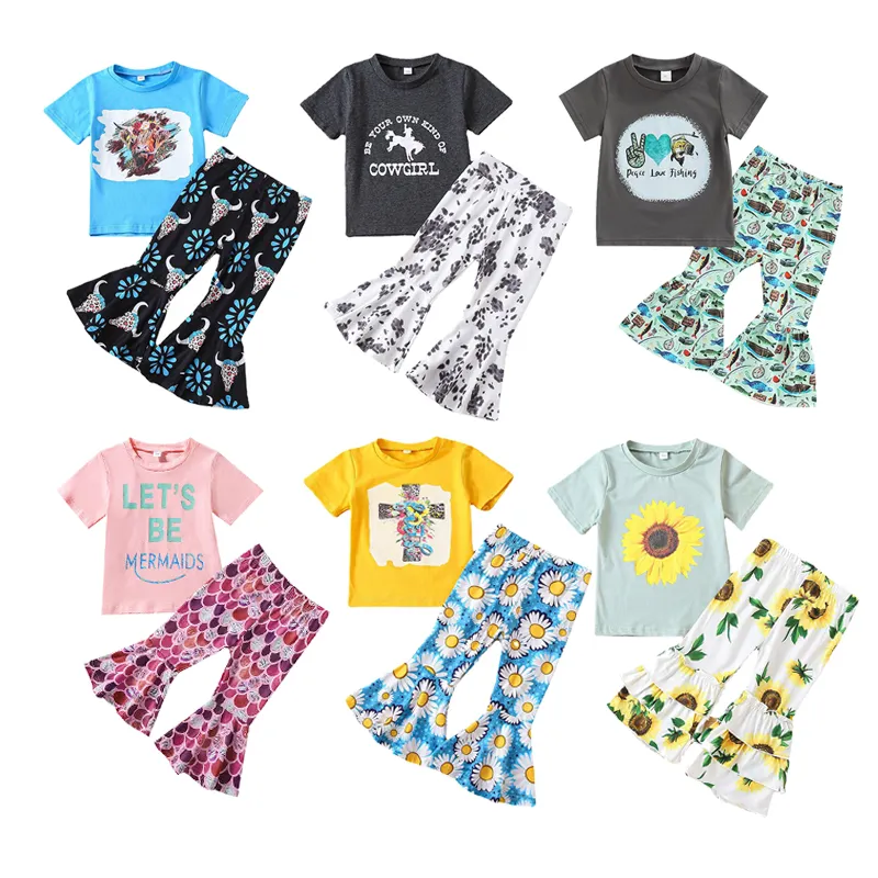 Customized Fashion Baby Girl Lounge Outfit Toddler Kids Bell Bottom Pants Set