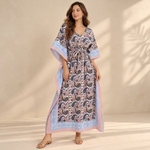 Vestido Maxi Kaftan Boho para Mujer, Tejido 100% Algodón, Estampado Floral, Cuello en V, Transpirable, para Playa, Corte Holgado - Product Image 1