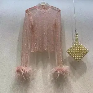 Most popular pink women shirts rhinestones fabric elastic laces fabrics for women