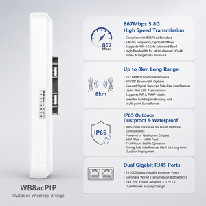 บริดจ์ไร้สายกลางแจ้ง IP65 รุ่น WB8acPtP ระยะไกล 8 กม. แบบ PtP/PtMP ความเร็ว 867Mbps 2*2 MIMO สำหรับเชื่อมต่อกล้องวงจรปิด - Product Image 1