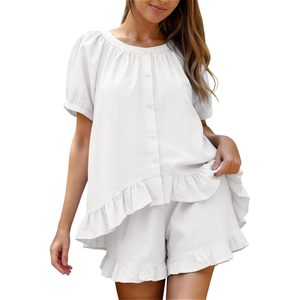 Womens Pajamas <b>Set</b> <b>2</b> <b>Piece</b> Cotton Ruffle Top Shorts Sleepwear Summer Outfits Soft Loungewear - Product Image 1
