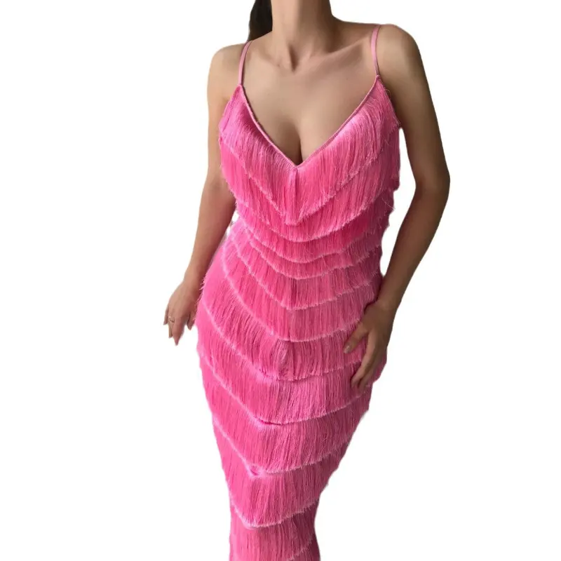 Женское Элегантное повседневное платье миди с бахромой и v-образным вырезом