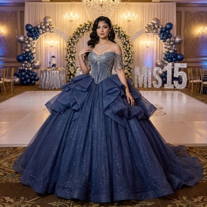Rsm261119 Romantic Off Shoulder Crystal Beaded Ruffle Glitter Tulle Navy Blue <b>Ball</b> <b>Gown</b> Quinceanera Dress Jancember - Product Image 1