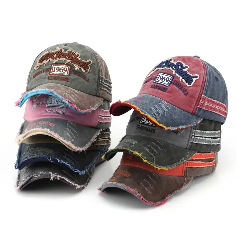 100% alla moda in cotone personalizzato ricamo logo cappelli da papà fabbrica 5 pannelli personalizzati cappellini da baseball in difficoltà lavati Vintage per gli uomini