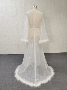 ثوب الملكات أثواب الزفاف بأكمام طويلة مع الريش فساتين نوم ليلية مثيرة للزفاف - Product Image 5