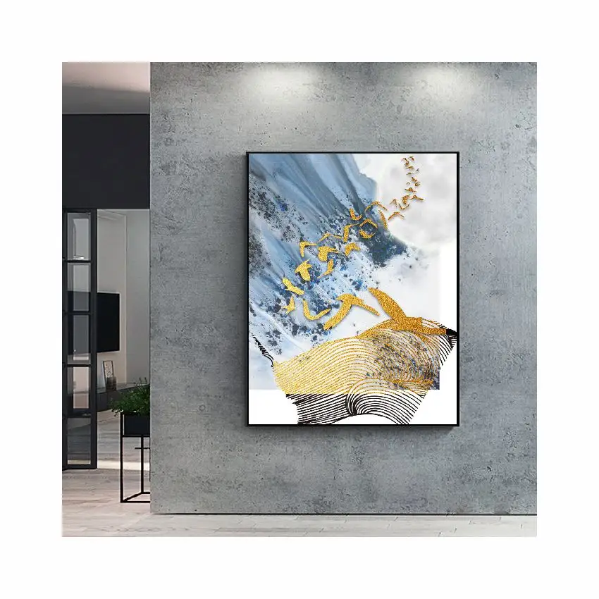 Абстрактный Золотой горный и птичий роскошный настенный холст, картина маслом, печать для домашнего декора гостиной