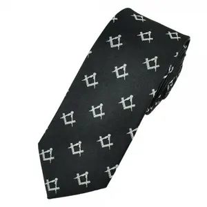 Black Ground White Logo Custom Cheap Silk Masonic Tie