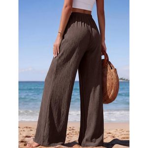 Womens <b>Summer</b> Elastic Waist Textured Flowy Palazzo <b>Pants</b> Wide Leg Casual High Waist Breathable Crepe <b>Pants</b> With Pockets - Product Image 5