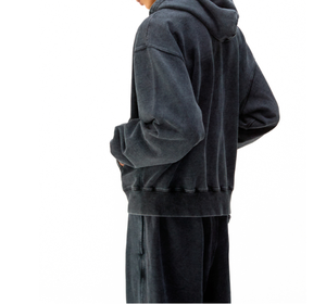 Venta al por mayor de los hombres personalizados Stonewashed Zip up Hoodie Distressed Logo Print con Oversize Acid Wash Zipper Puff Technics Hoodies - Product Image 3