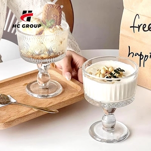 Francese Retro incide in vetro alto piccola ciotola da Dessert cilindro portacandele budino tazza di bicchiere di vino calice - Product Image 1